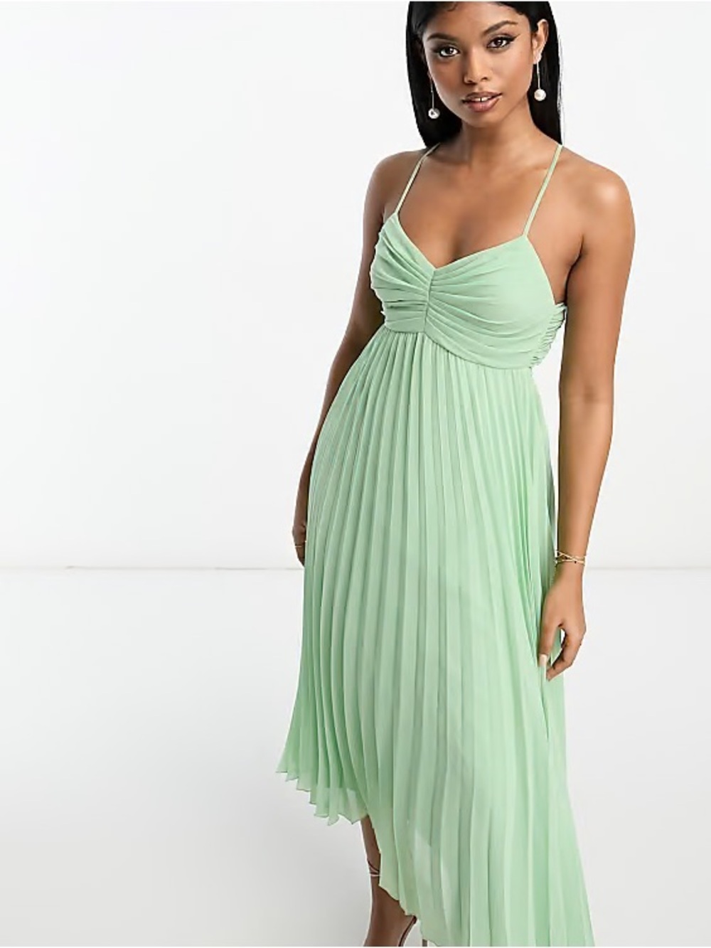 ASOS Pleated Spaghetti-Strap Midi Dress in Mint Green